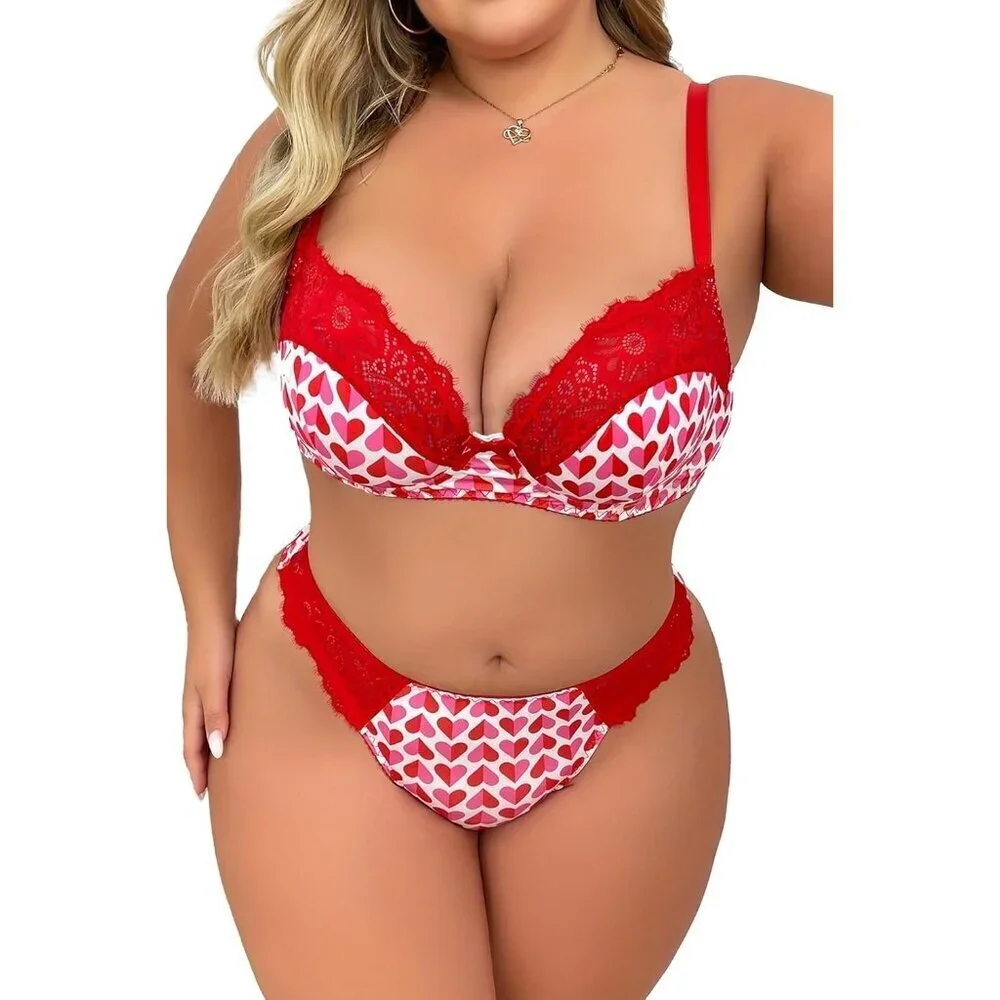 WOMEN'S Red Heart Sexy Lace Push Up Bra & Babydoll Nightwear Lingerie Set
